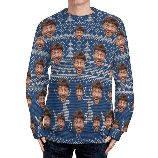 Custom Custom Face Blue Sweater for Family Long Sleeve Ugly Christmas Sweater Tops - YesCustom