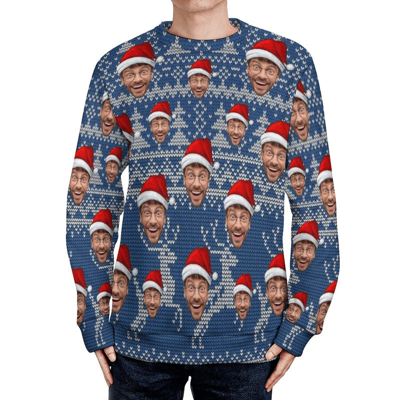 Custom Custom Face Blue Sweater for Family Long Sleeve Ugly Christmas Sweater Tops - YesCustom