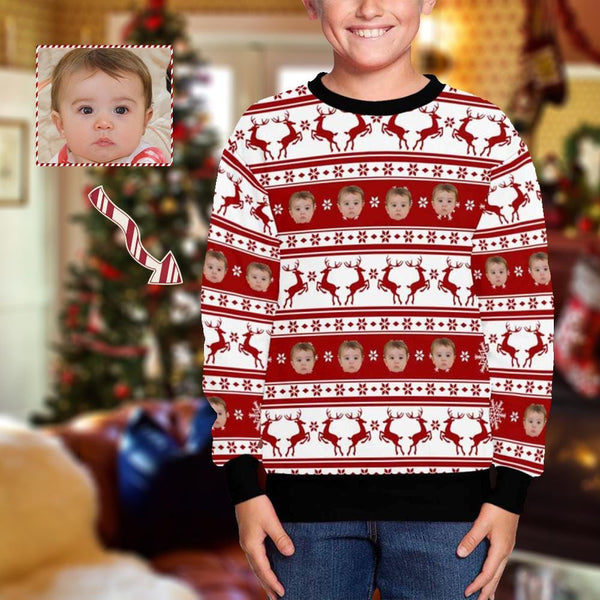 Custom Custom Face Christmas Deer Printing Kids' All Over Print Fuzzy Sweatshirt - YesCustom