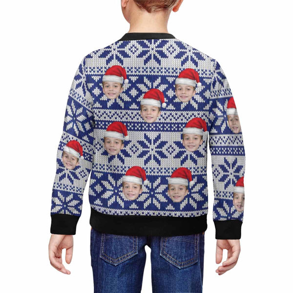 Custom Custom Face Christmas Hat Blue Kid's Crewneck Sweatshirt - YesCustom