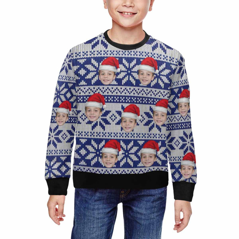 Custom Custom Face Christmas Hat Blue Kid's Crewneck Sweatshirt - YesCustom