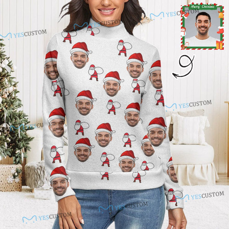 Custom Custom Face Christmas Hat Sweater Personalized Women's All Over Print Mock Neck Sweater Custom Photo Ugly Sweater For Christmas - YesCustom