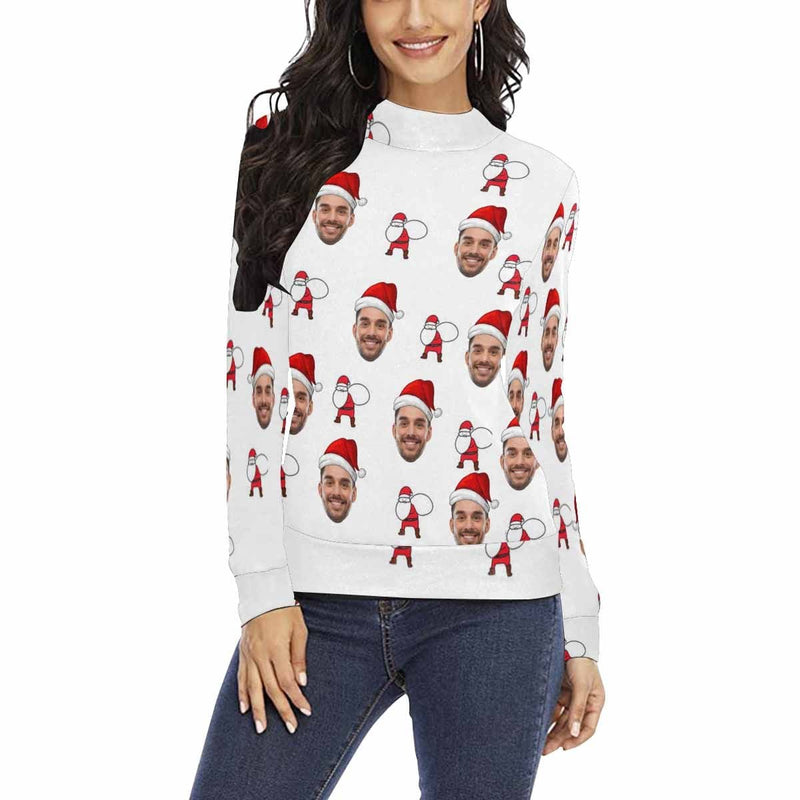 Custom Custom Face Christmas Hat Sweater Personalized Women's All Over Print Mock Neck Sweater Custom Photo Ugly Sweater For Christmas - YesCustom