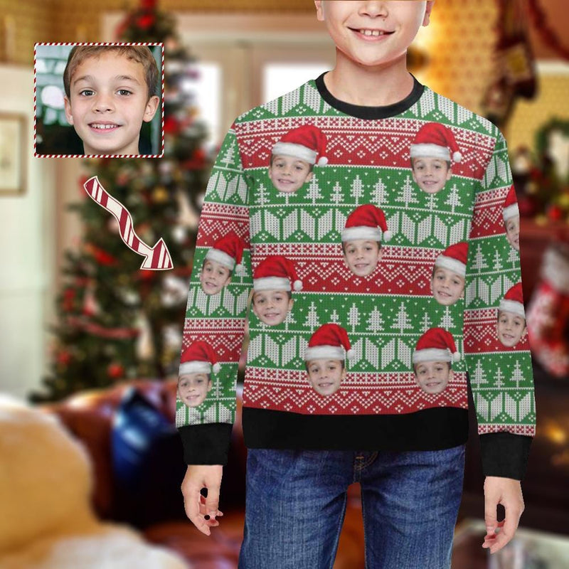 Custom Custom Face Christmas Hat Tree Kid's Crewneck Sweatshirt - YesCustom