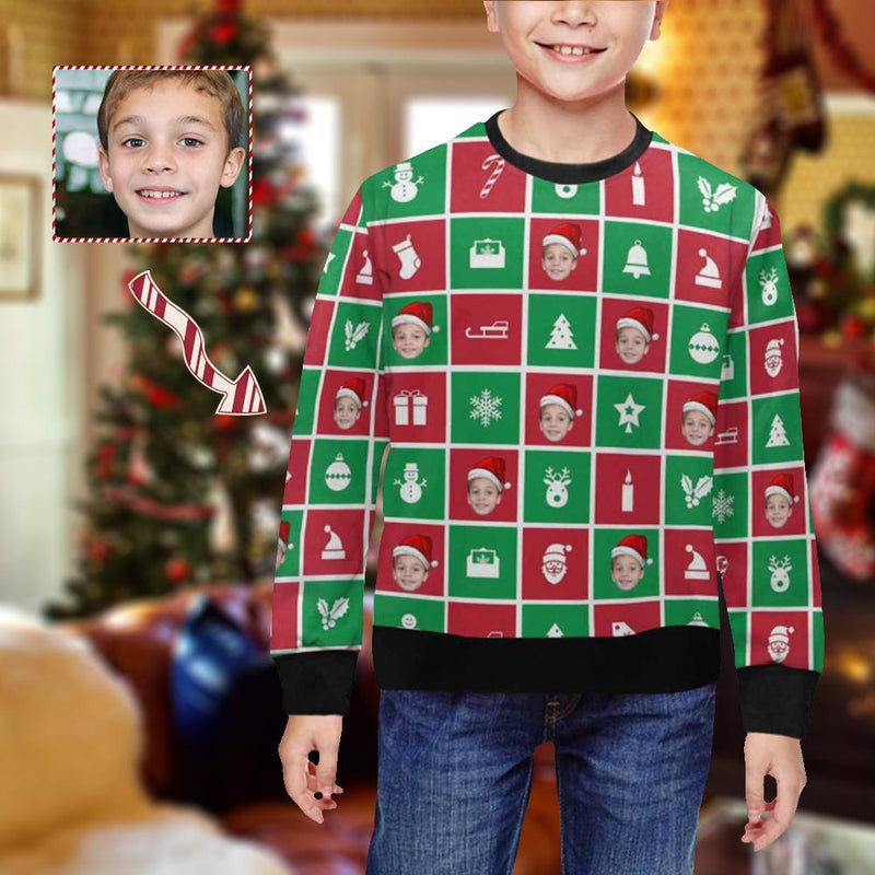 Custom Custom Face Christmas Lattice Kid's Crewneck Sweatshirt - YesCustom