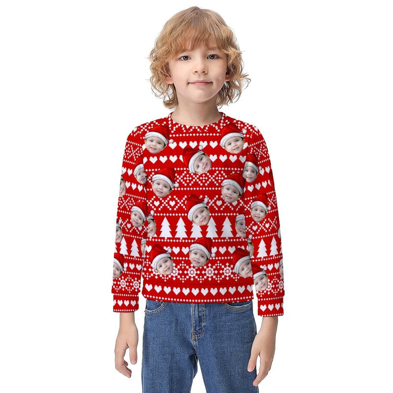 Custom Custom Face Christmas Red Pattern Kids' All Over Print Sweatshirt - YesCustom