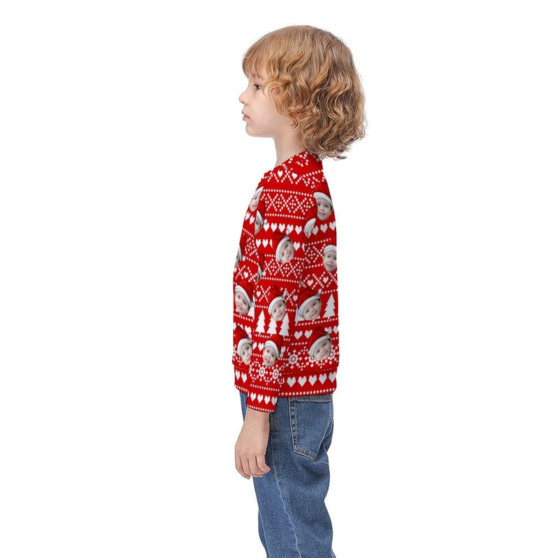 Custom Custom Face Christmas Red Pattern Kids' All Over Print Sweatshirt - YesCustom