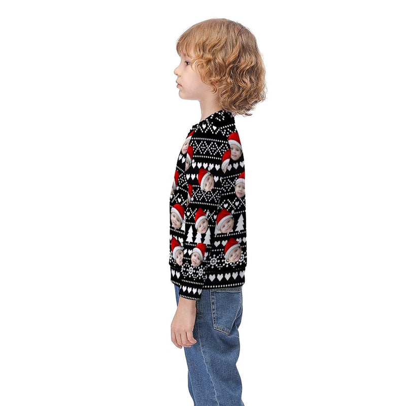 Custom Custom Face Christmas Tree Heart Black Kids' All Over Print Sweatshirt - YesCustom