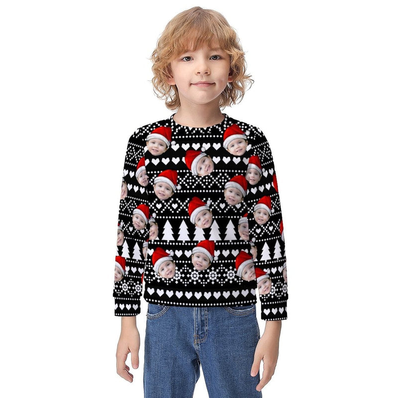 Custom Custom Face Christmas Tree Heart Black Kids' All Over Print Sweatshirt - YesCustom