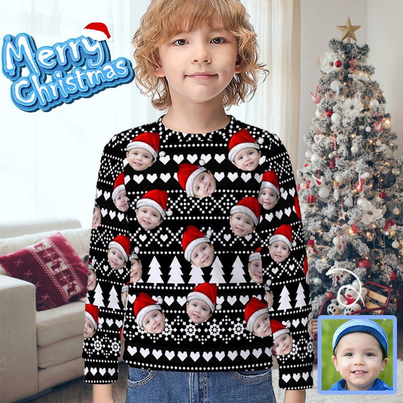 Custom Custom Face Christmas Tree Heart Black Kids' All Over Print Sweatshirt - YesCustom