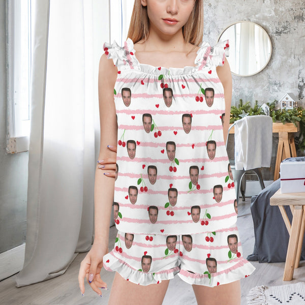 Custom Face Women Short Sleeve Pajama Set Loungewear Personalized Women's Ruffle Hem Pajama Sets