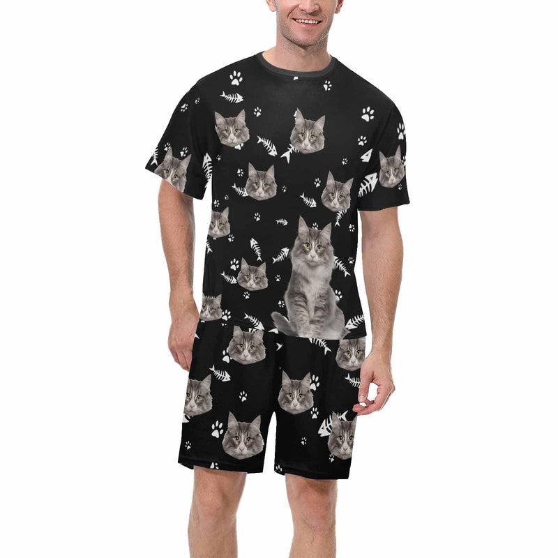 DogPicGift Pajama Men / S Personalized Pet Cat Face Men Sleepwear&Women's Oversized Sleep Tee Custom Cat Crew Neck Couple Matching Short Pajama Set