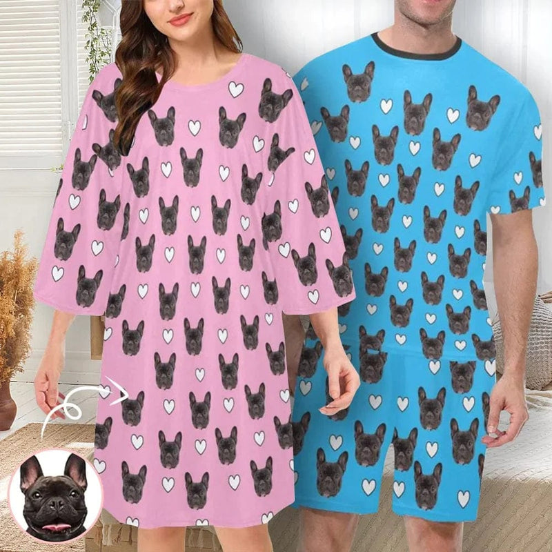 DogPicGift Pajama Personalized Pet Face Heart Men Sleepwear&Women's Oversized Sleep Tee Custom Dog Crew Neck Couple Matching Short Pajama Set