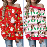 Custom Face Ugly Christmas Sweater Women's Off Shoulder Sweater and Men's Round Neck Sweater