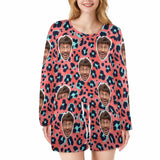 FacePajamas Pajama Long Tracksuit 1 / S Custom Face Leopard Print Women's Long Sleeve Scoop Neck Short Pajama Set
