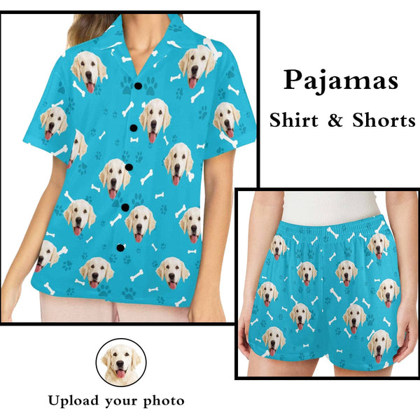 FacePajamas Sets 8.17-蓝色狗骨头-女士短裤  Women&#039;s Pajama Shorts (Model Sets 11)