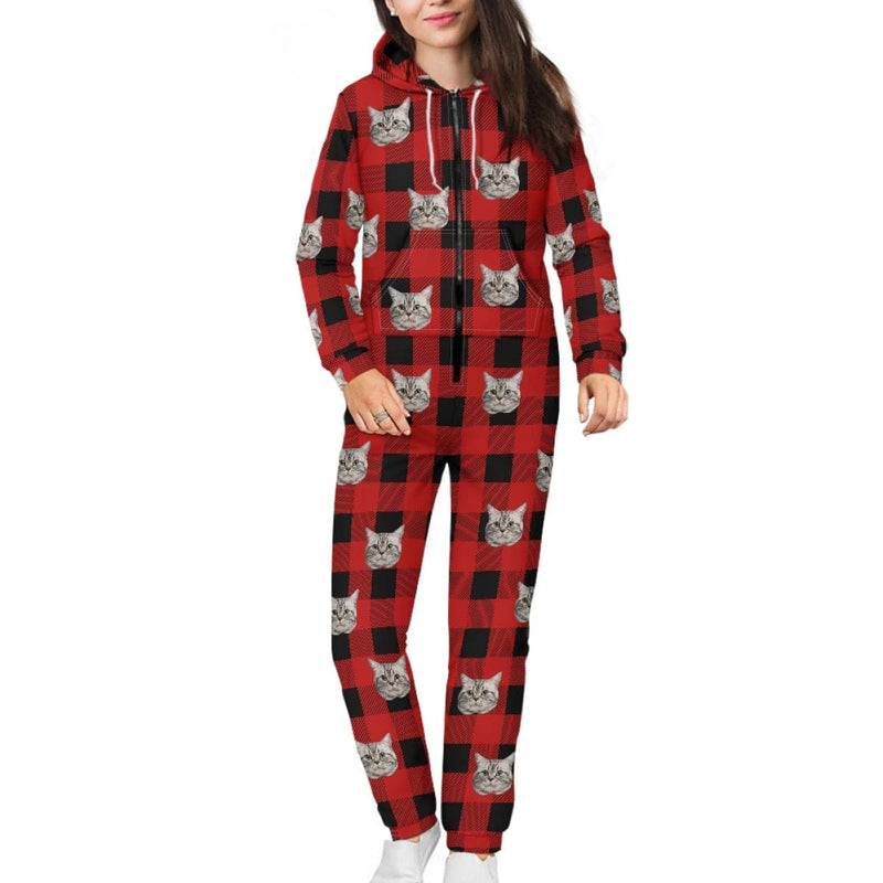 FacePajamas Hooded Onesie-2ML-ZD Adult / S Custom Face Grid Red Family Hooded Onesie Jumpsuits with Pocket Personalized Zip One-piece Pajamas for Adult kids