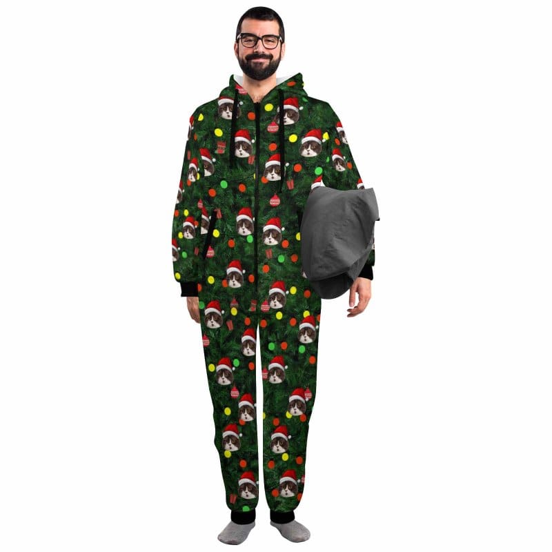 FacePajamas Pajama Adult Onesie Adult / S [Thick Soft Fabric] Funny Flannel Fleece Adult Onesie Pajamas Custom Face Christmas Tree Lights Printed Jumpsuit Homewear
