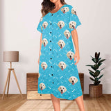 FacePajamas Pajama Dress Custom Dag Face Dog Bone Women's Nightshirt Short Sleeve Button Down Nightgown V-Neck Sleepwear Pajama Dress