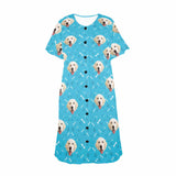 FacePajamas Pajama Dress Custom Dag Face Dog Bone Women's Nightshirt Short Sleeve Button Down Nightgown V-Neck Sleepwear Pajama Dress