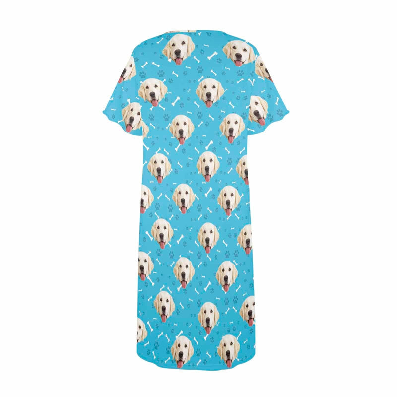 FacePajamas Pajama Dress Custom Dag Face Dog Bone Women's Nightshirt Short Sleeve Button Down Nightgown V-Neck Sleepwear Pajama Dress