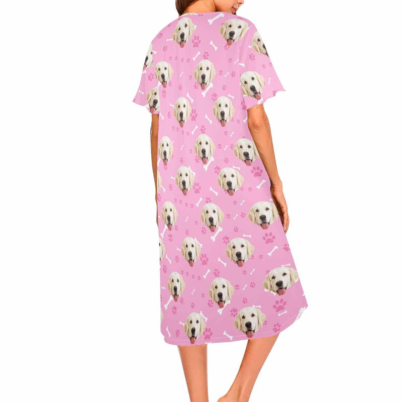 FacePajamas Pajama Dress Custom Dag Face Dog Bone Women's Nightshirt Short Sleeve Button Down Nightgown V-Neck Sleepwear Pajama Dress