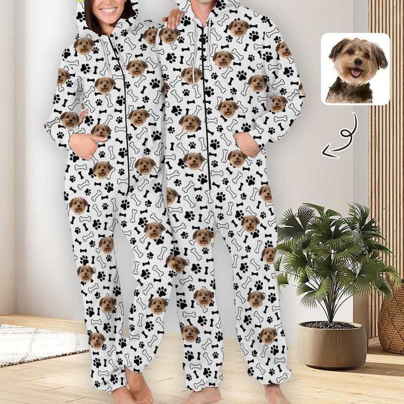 FacePajamas Hooded Onesie-2ML-ZD Custom Dog Face Foot Print Unisex Adult Hooded Onesie Jumpsuits with Pocket Personalized Zip One-piece Pajamas for Men and Women