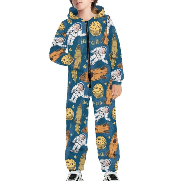 FacePajamas Hooded Onesie-Kid-2ML-ZD Custom Face Astronaut Unisex Jumpsuits Zip Up Hoodie Onesie with Pockets for Kids Boys Girls