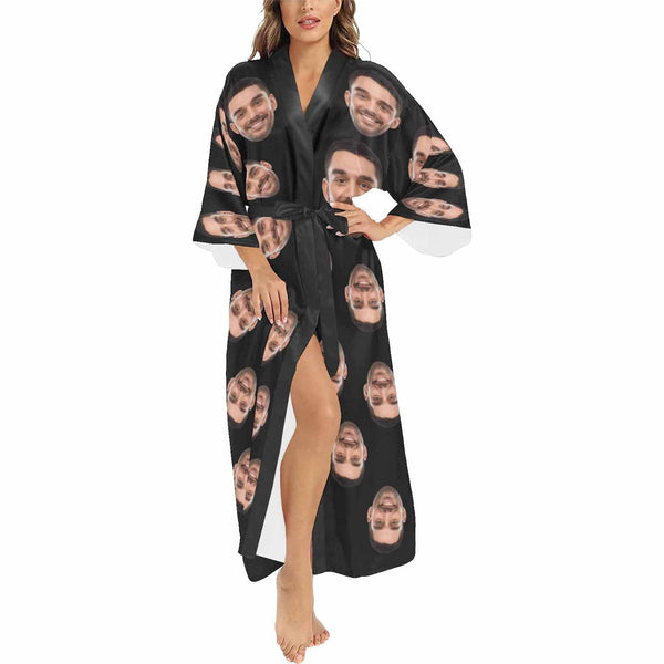 FacePajamas Pajama Robe Custom Face Black Women's Long Pajamas Personalized Photo Long Pajamas Kimono Robe