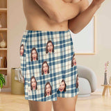 FacePajamas Men Underwear-shorts Custom Face Blue Line Plaid Boxer Shorts Pure Cotton Shorts for Men