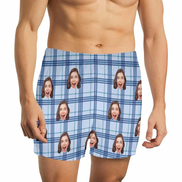 FacePajamas Men Underwear-shorts Custom Face Blue Plaid Boxer Shorts Pure Cotton Shorts for Men