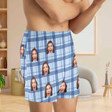 FacePajamas Men Underwear-shorts Custom Face Blue Plaid Boxer Shorts Pure Cotton Shorts for Men