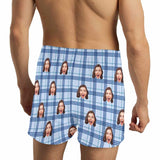 FacePajamas Men Underwear-shorts Custom Face Blue Plaid Boxer Shorts Pure Cotton Shorts for Men