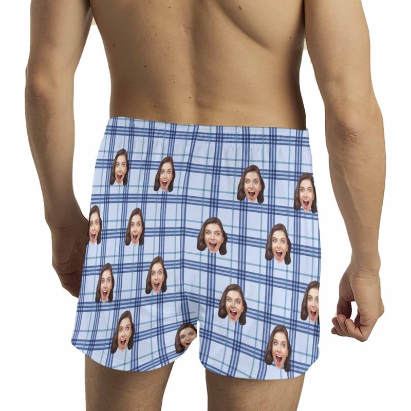 FacePajamas Men Underwear-shorts Custom Face Blue Plaid Boxer Shorts Pure Cotton Shorts for Men