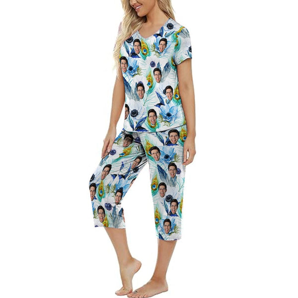 FacePajamas Pajama 7 Set-2ML-1688 Custom Face Blue White Flowers Women's Loungewear Set Short Sleeve Shirt and Capri Pants Sleepwear Pajama Set