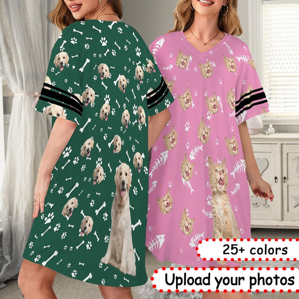 FacePajamas Pajama Dress-1YN-Blue Custom Face Bones Women's V-Neck Short Sleeved Nightdresses Personazlied Sleep Dress