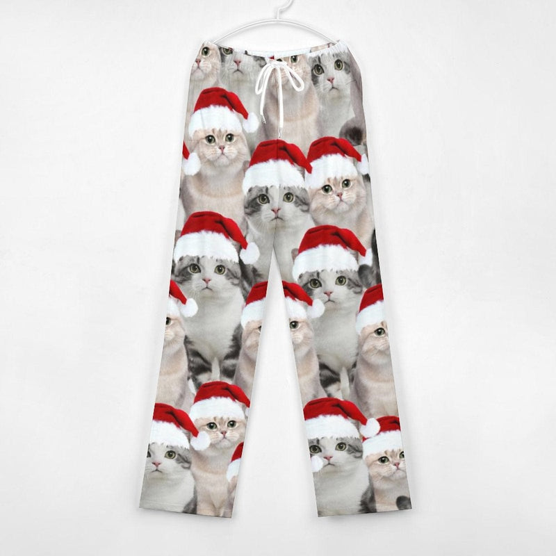 FacePajamas Pajama Pants& Bandana-2ML-SDS Custom Face Cat Christmas Red Hat Pajama Pants and Pet Dog Bandana