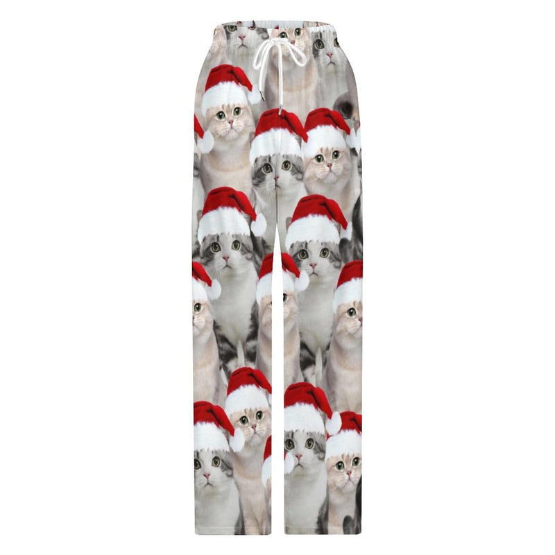 FacePajamas Pajama Pants& Bandana-2ML-SDS Custom Face Cat Christmas Red Hat Pajama Pants and Pet Dog Bandana