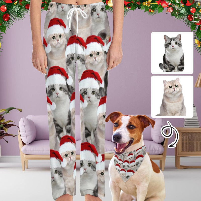 FacePajamas Pajama Pants& Bandana-2ML-SDS Custom Face Cat Christmas Red Hat Pajama Pants and Pet Dog Bandana