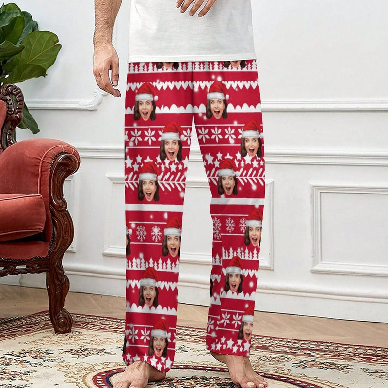 FacePajamas Pajama Pants& Bandana-2ML-SDS Custom Face Christmas Red Hat Snowflake Pajama Pants and Pet Dog Bandana