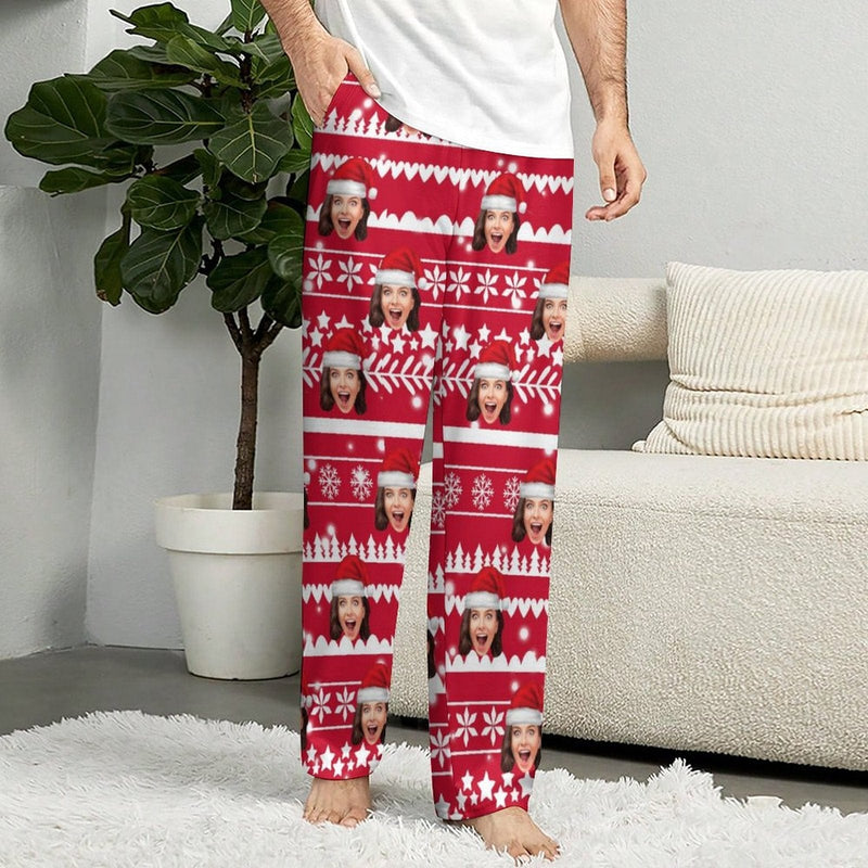 FacePajamas Pajama Pants& Bandana-2ML-SDS Custom Face Christmas Red Hat Snowflake Pajama Pants and Pet Dog Bandana