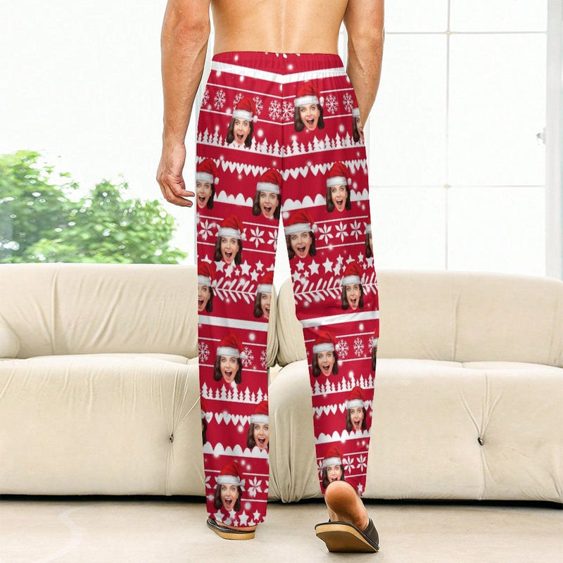 FacePajamas Pajama Pants& Bandana-2ML-SDS Custom Face Christmas Red Hat Snowflake Pajama Pants and Pet Dog Bandana