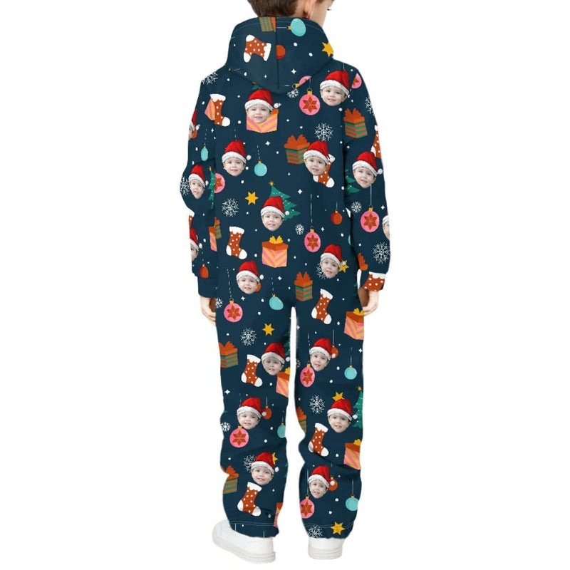 FacePajamas Hooded Onesie-Kid-2ML-ZD Custom Face Christmas Santa Hat Unisex Jumpsuits Zip Up Hoodie Onesie with Pockets for Kids Boys Girls