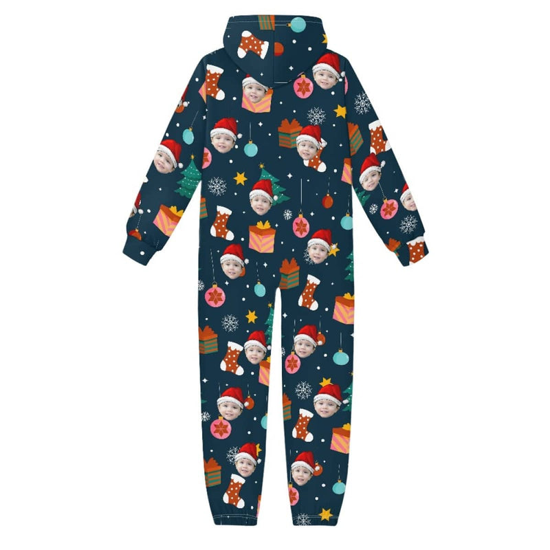 FacePajamas Hooded Onesie-Kid-2ML-ZD Custom Face Christmas Santa Hat Unisex Jumpsuits Zip Up Hoodie Onesie with Pockets for Kids Boys Girls