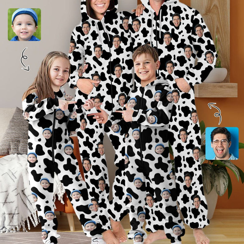 FacePajamas Hooded Onesie-2ML-ZD Custom Face Cow Pattern Family Hooded Onesie Jumpsuits with Pocket Personalized Zip One-piece Pajamas for Adult kids