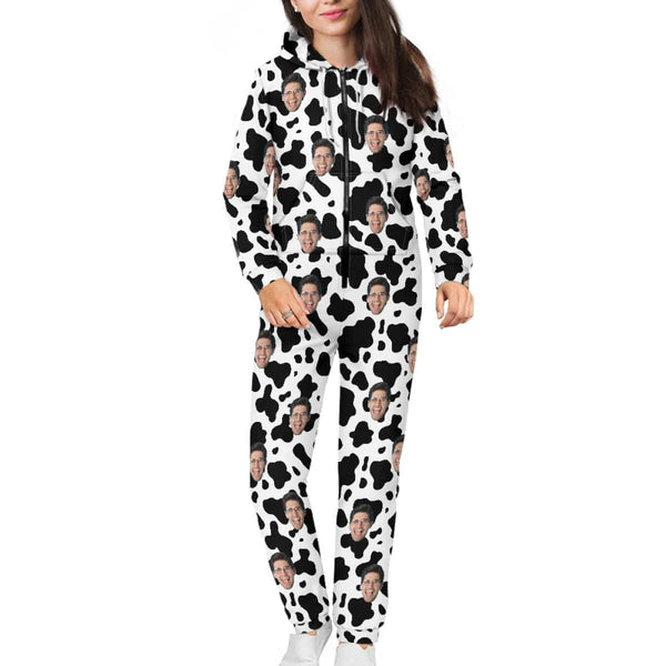 FacePajamas Hooded Onesie-2ML-ZD Custom Face Cow Pattern Unisex Adult Hooded Onesie Jumpsuits with Pocket Personalized Zip One-piece Pajamas for Men and Women