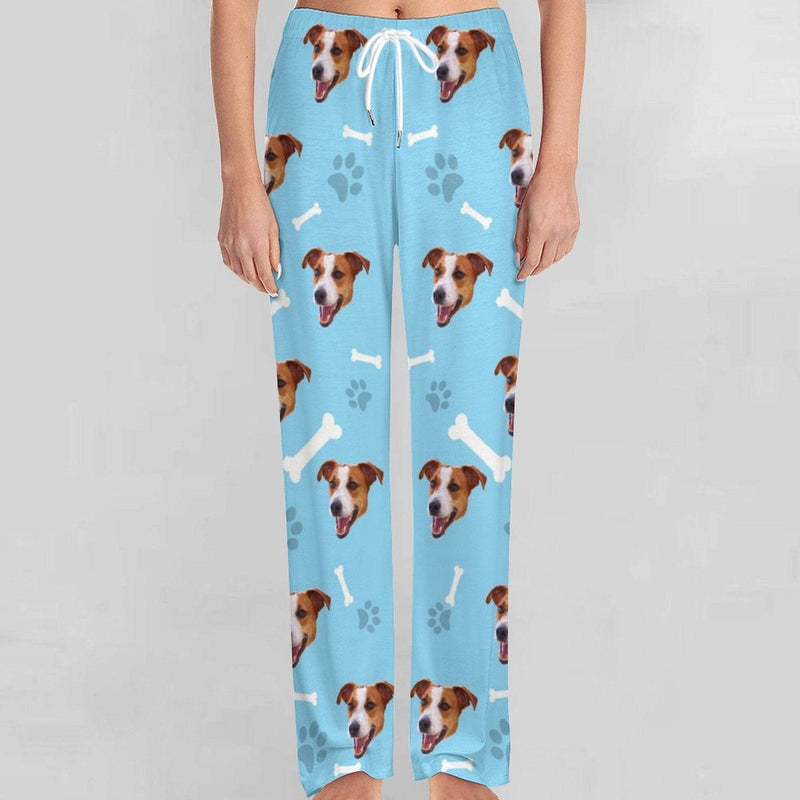 FacePajamas Pajama Pants& Bandana-2ML-SDS Custom Face Dog Bone Paw Print Blue Background Pajama Pants and Pet Dog Bandana