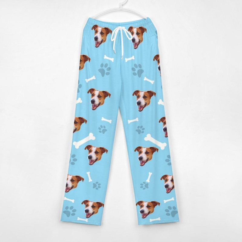 FacePajamas Pajama Pants& Bandana-2ML-SDS Custom Face Dog Bone Paw Print Blue Background Pajama Pants and Pet Dog Bandana