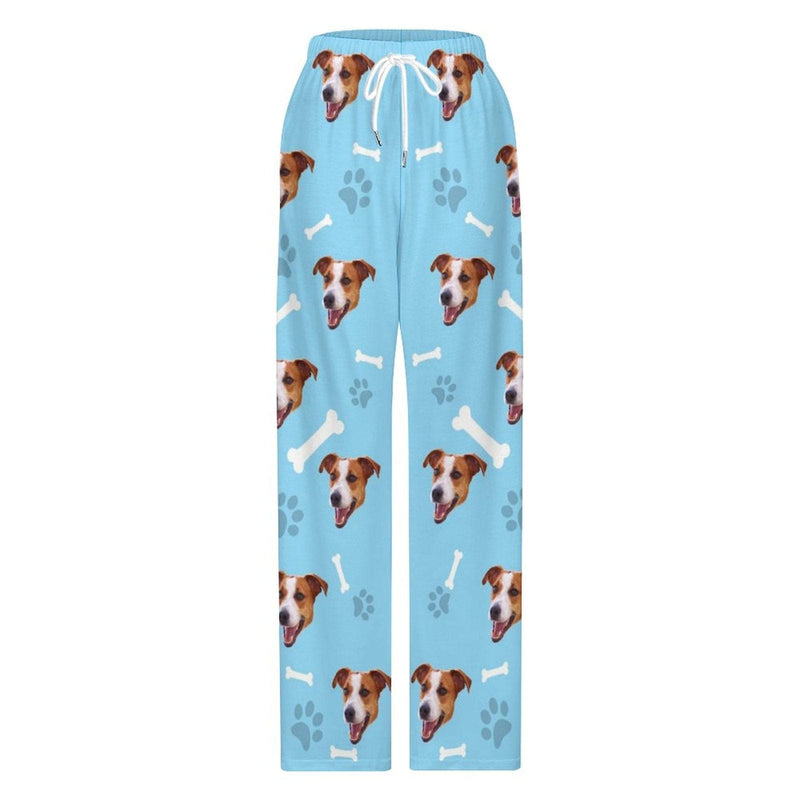 FacePajamas Pajama Pants& Bandana-2ML-SDS Custom Face Dog Bone Paw Print Blue Background Pajama Pants and Pet Dog Bandana