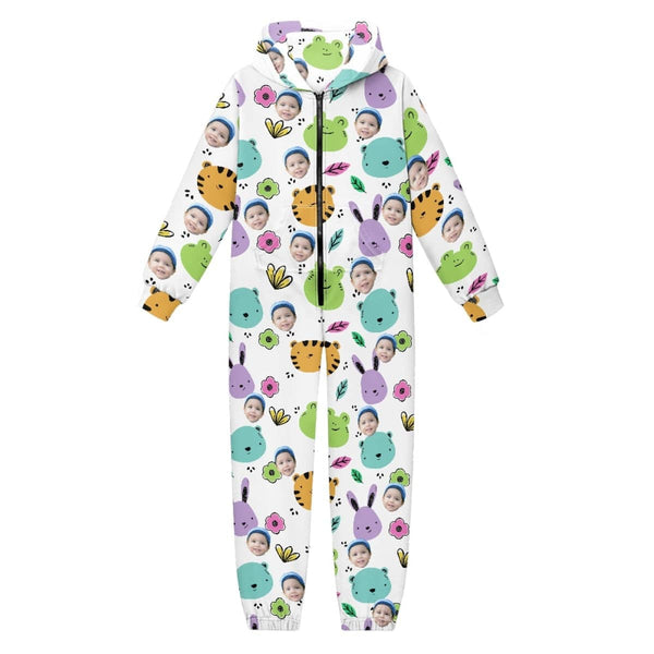 FacePajamas Hooded Onesie-Kid-2ML-ZD Custom Face Flowers Animals Unisex Jumpsuits Zip Up Hoodie Onesie with Pockets for Kids Boys Girls